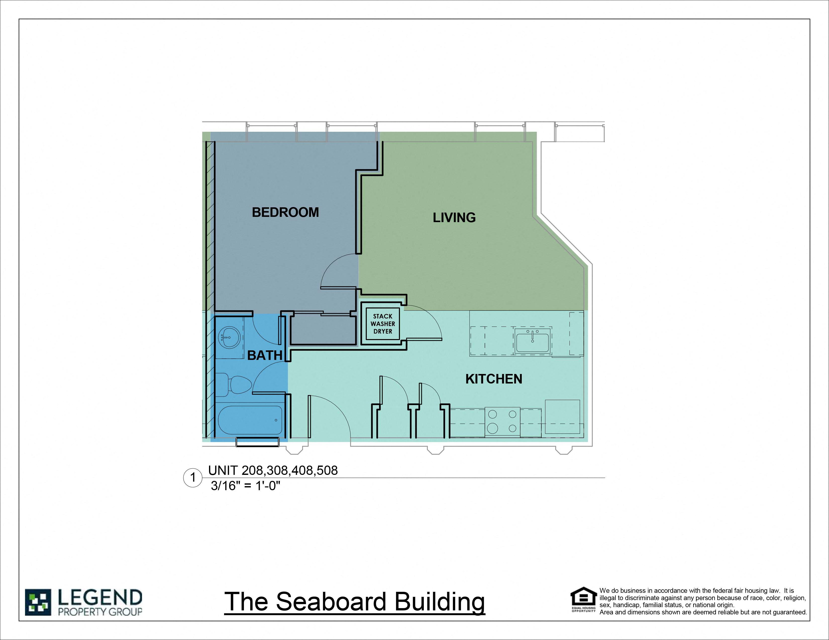 Floor plan for 1 bed, 1 bath, 592 sqft